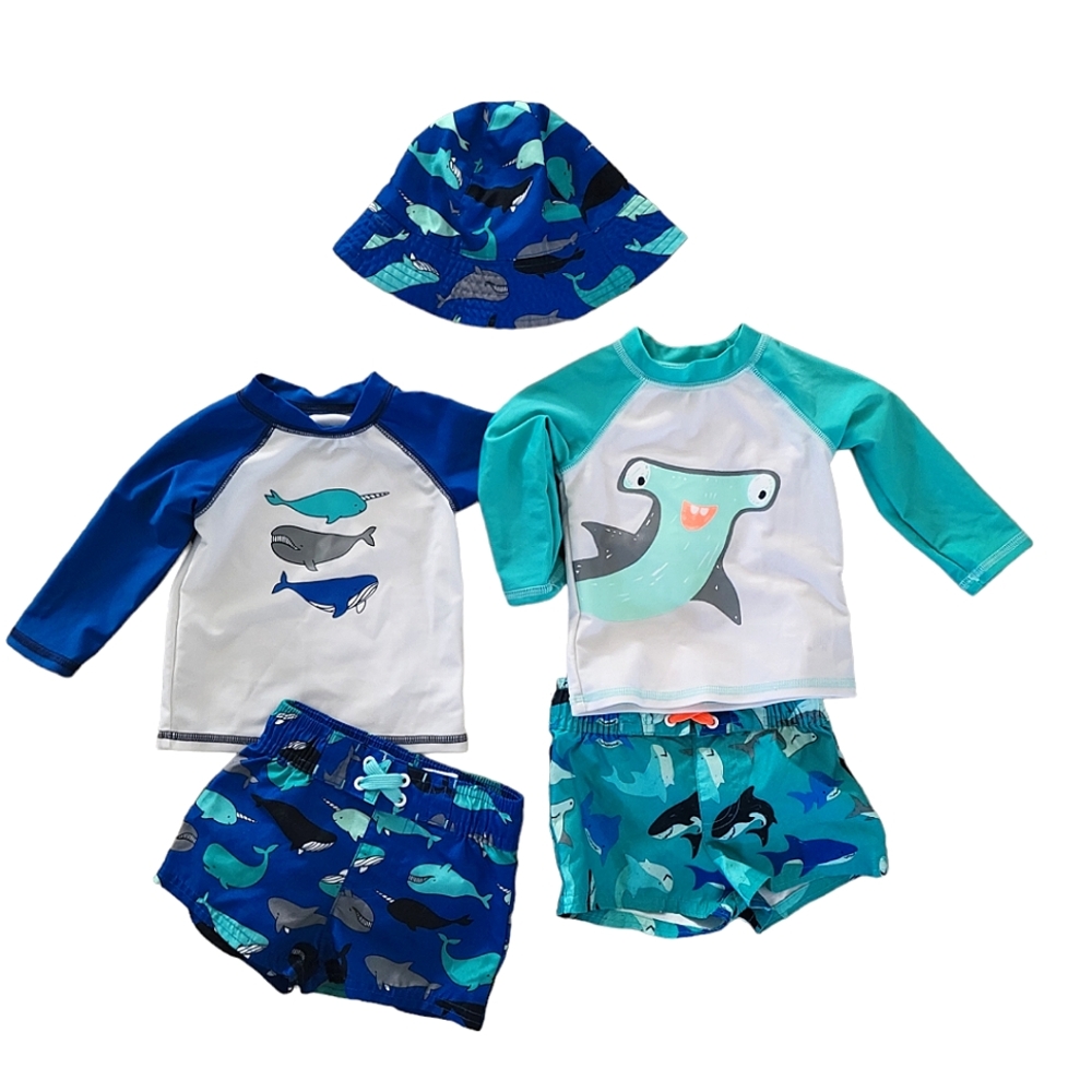 3-6 month baby Cat & Jack UPF 50+ Swim trunks, rash guards, and hat set